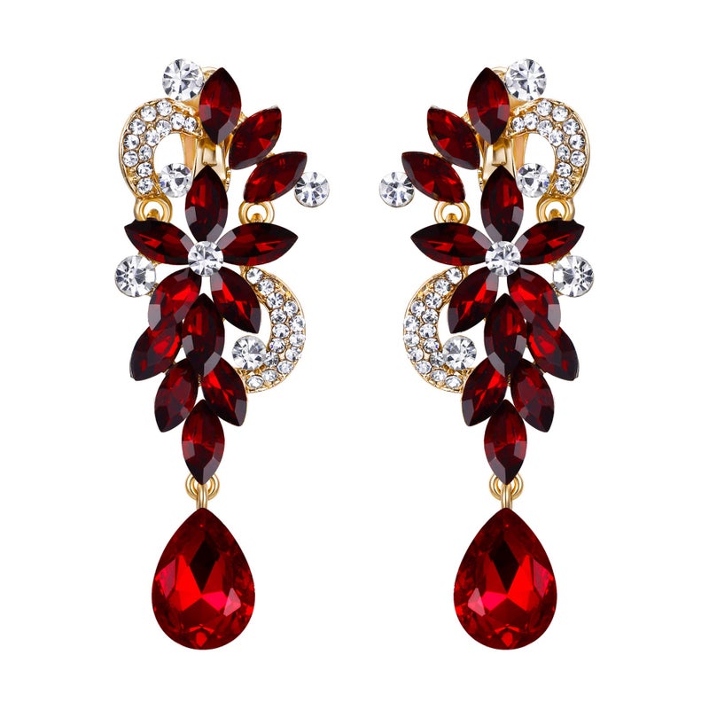 BriLove Wedding Bridal Clip-On Earrings for Women Bohemian Boho Crystal Flower Chandelier Teardrop Bling Long Dangle Jewelry for Party Prom Ruby Color Gold-Toned - Image 1