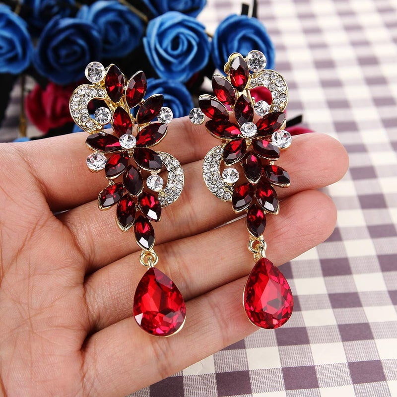BriLove Wedding Bridal Clip-On Earrings for Women Bohemian Boho Crystal Flower Chandelier Teardrop Bling Long Dangle Jewelry for Party Prom Ruby Color Gold-Toned - Image 5