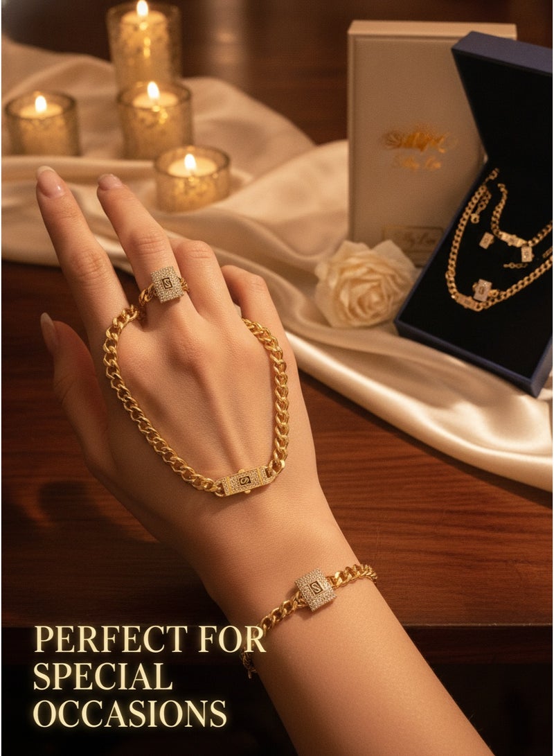Black S-shaped Cuban chain jewelry 4-piece set with diamonds, necklace, bracelet, earrings, ring, 4-piece set gift box - Image 3