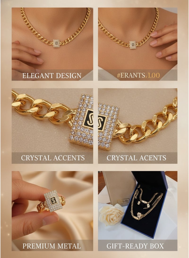 Black S-shaped Cuban chain jewelry 4-piece set with diamonds, necklace, bracelet, earrings, ring, 4-piece set gift box - Image 2