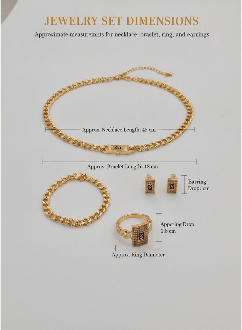 Black S-shaped Cuban chain jewelry 4-piece set with diamonds, necklace, bracelet, earrings, ring, 4-piece set gift box - Image 4