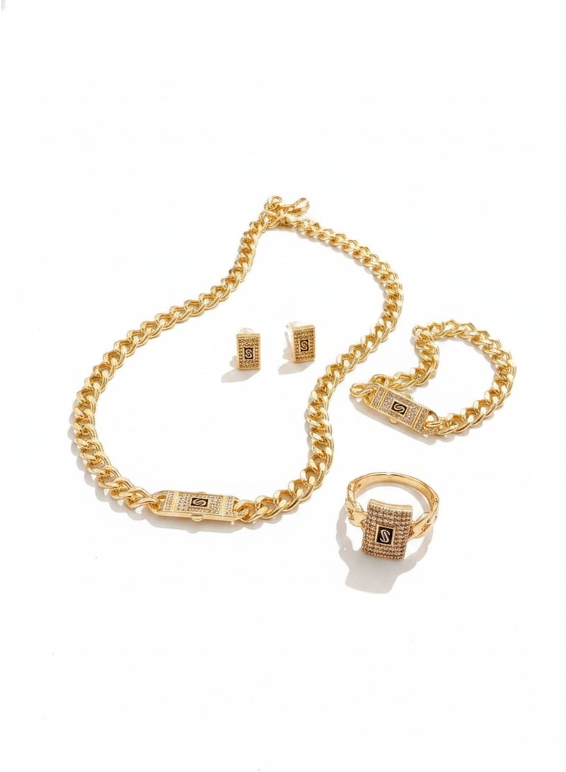 Black S-shaped Cuban chain jewelry 4-piece set with diamonds, necklace, bracelet, earrings, ring, 4-piece set gift box - Image 1