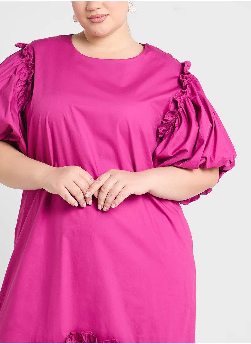 Ginger Plus Puff Sleeves Assymetric Hem Maxi Dress