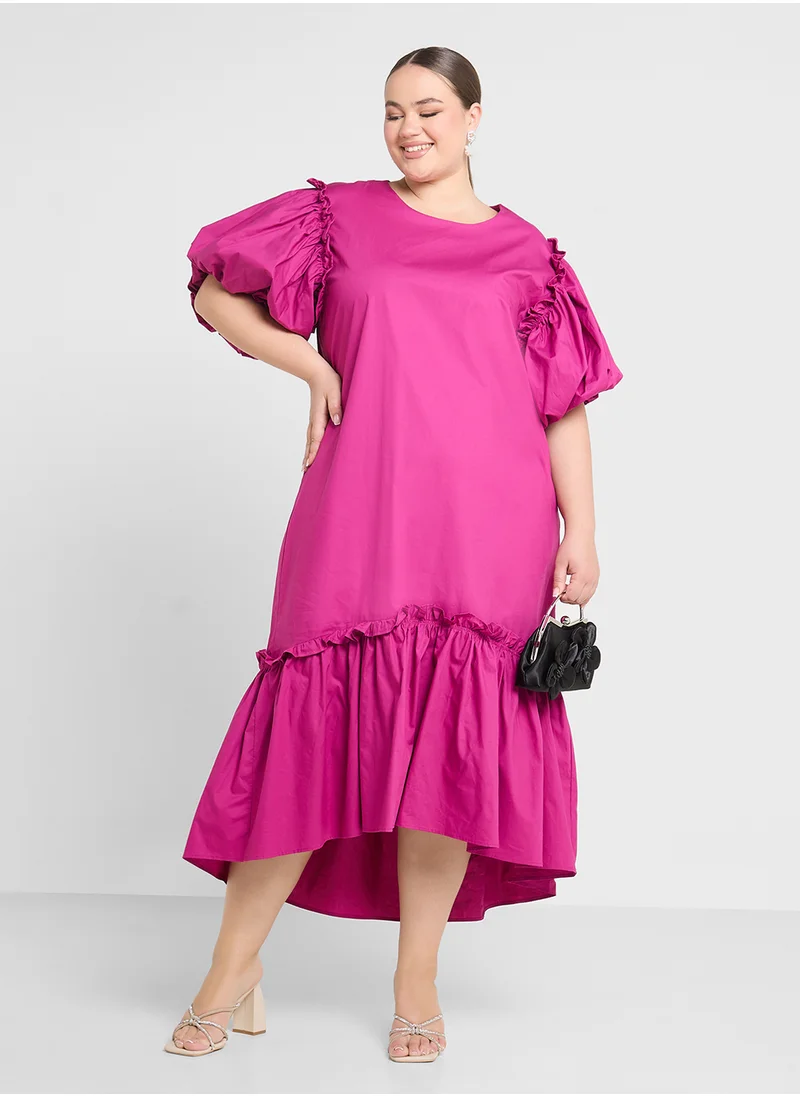 Ginger Plus Puff Sleeves Assymetric Hem Maxi Dress