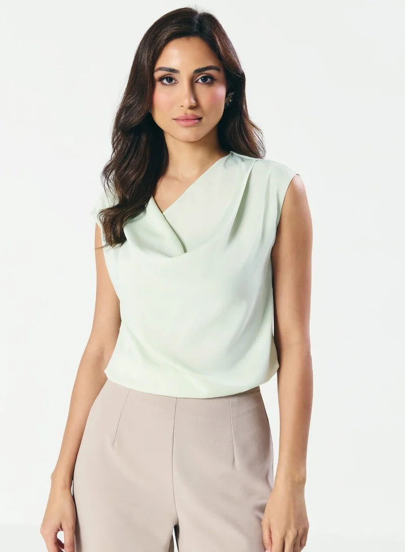 Zigzag Cowl Neck Satin Pastal Green Top