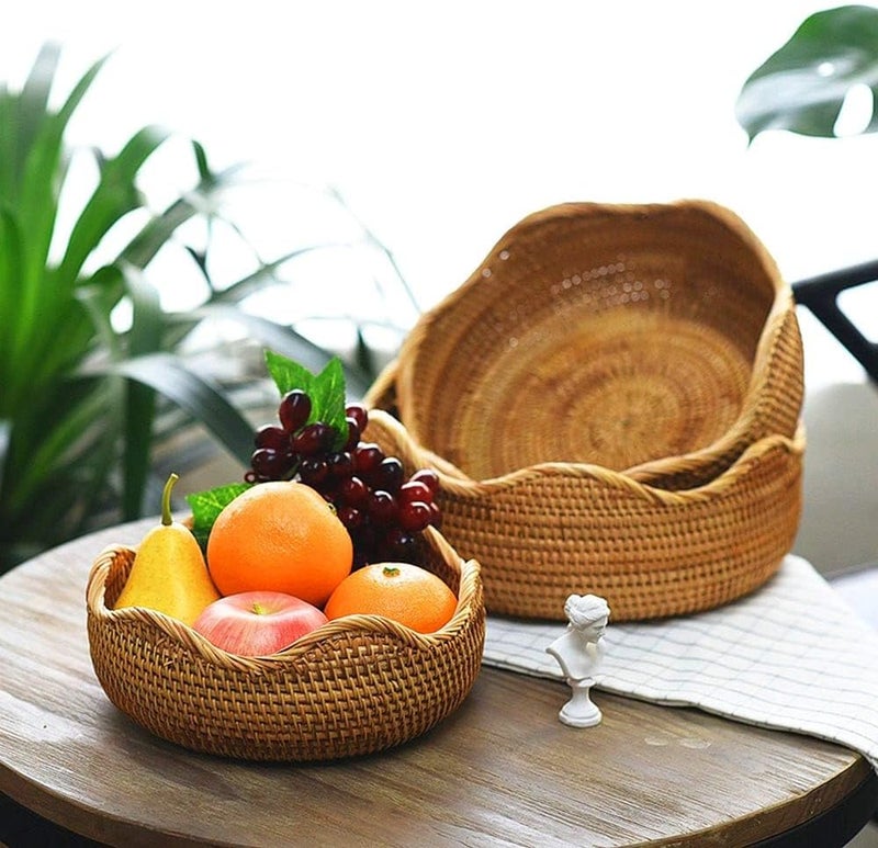 Azonee Hand-woven Basket, Handmade Rattan Round Fruit Basket Round Serving Tray Fruit Bowl, Bread Basket, Food Storage Bowl, Snack Serving Bowl Boho Home Décor Display Tray (8.7 Inch) - Image 3