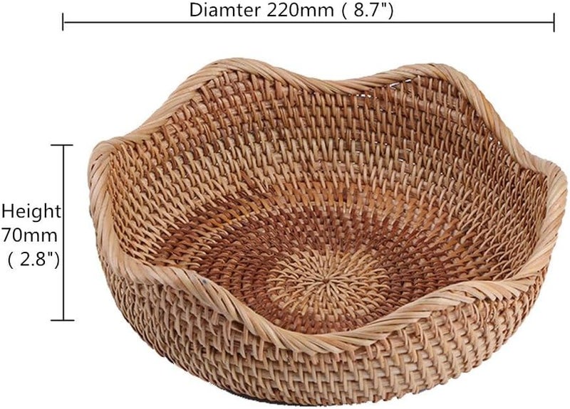 Azonee Hand-woven Basket, Handmade Rattan Round Fruit Basket Round Serving Tray Fruit Bowl, Bread Basket, Food Storage Bowl, Snack Serving Bowl Boho Home Décor Display Tray (8.7 Inch) - Image 2