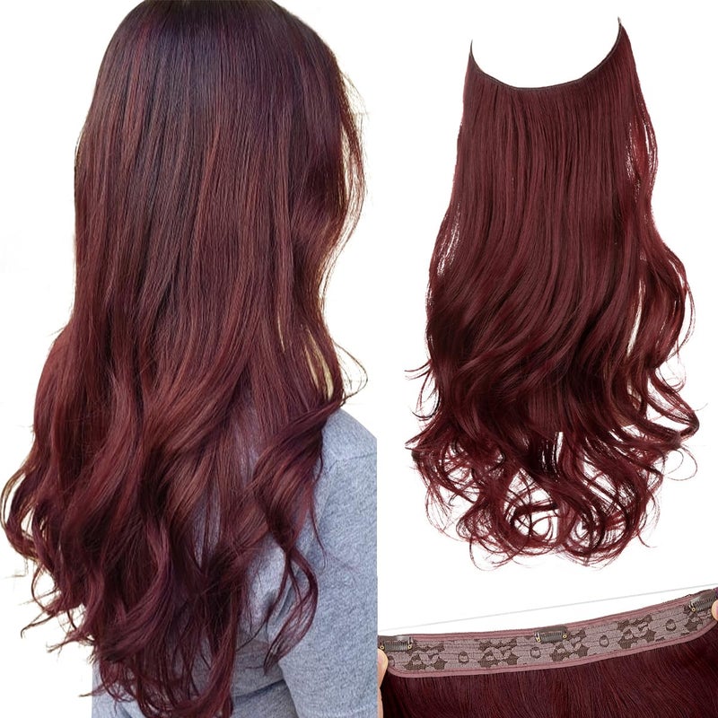SARLA Burgundy Invisible Wire Hair Extensions with 3 Clips Long Synthetic Wavy Curly Hairpiece Adjustable Transparent Headband for Women 18 Inch Wine Red - Image 1