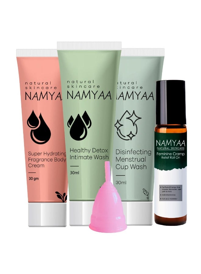 Namyaa Travel Period Care Kit| Combo Pack of Ultra Soft Menstrual Cup, Menstrual Cup Wash 30ML, Intimate Wash ML, Period Cramp Roll On & Super Hydrating Fragrance Body Cream 30g| (Small) - Image 1