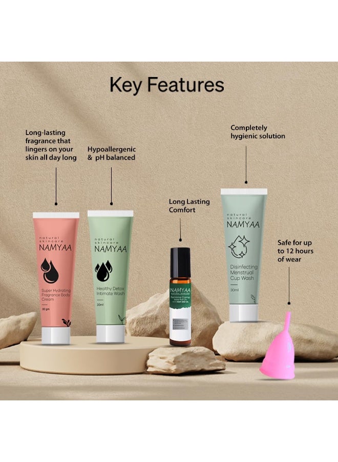 Namyaa Travel Period Care Kit| Combo Pack of Ultra Soft Menstrual Cup, Menstrual Cup Wash 30ML, Intimate Wash ML, Period Cramp Roll On & Super Hydrating Fragrance Body Cream 30g| (Small) - Image 2