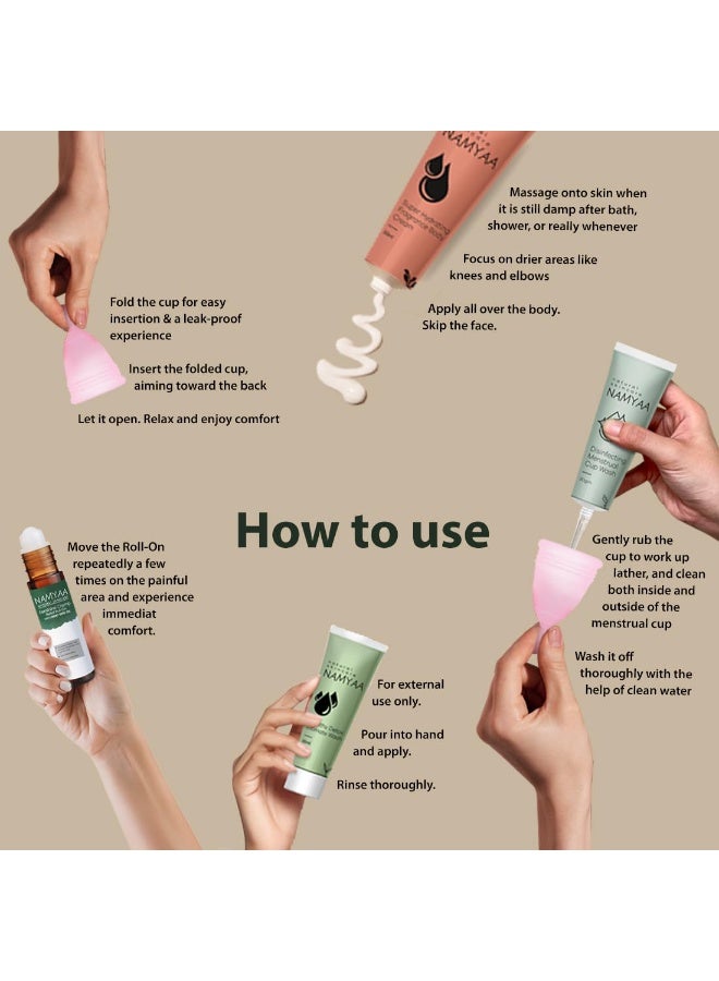 Namyaa Travel Period Care Kit| Combo Pack of Ultra Soft Menstrual Cup, Menstrual Cup Wash 30ML, Intimate Wash ML, Period Cramp Roll On & Super Hydrating Fragrance Body Cream 30g| (Small) - Image 3