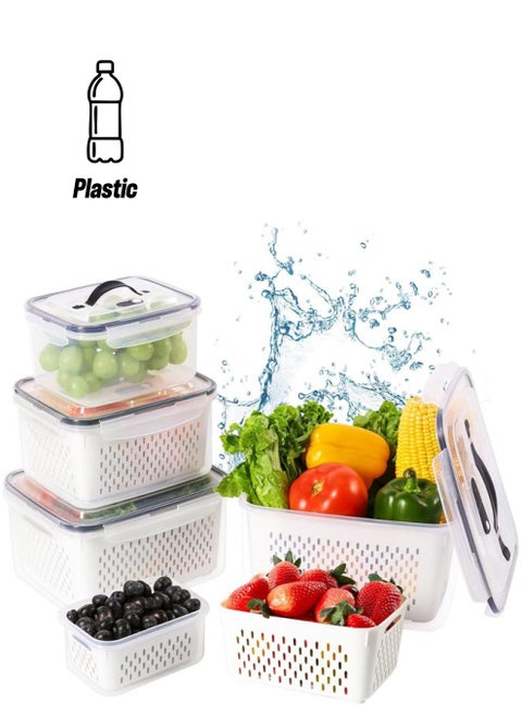 5 PCS Fruit Storage Containers for Fridge, Produce Vegetable Saver Container with Lid Colander Vent Handle, BPA-Free, Keep Fruits, Veggie, Food, Meat Fresh