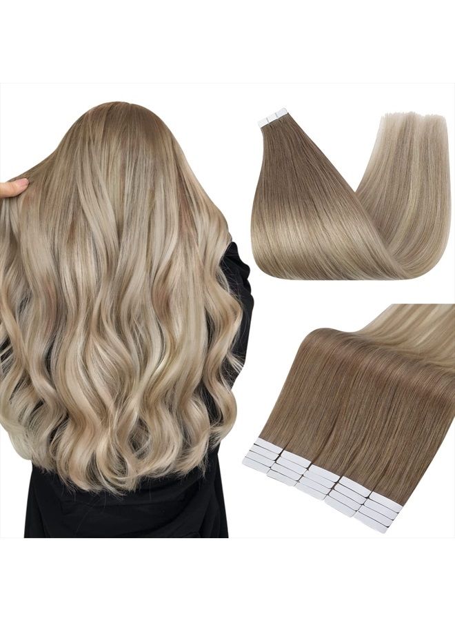 Fshine Tape in Human Hair Extensions 18 Inch Remy Hair Extensions Balayage Color 8 Ash Brown Fading to 60 and 18 Ash Blonde Tape in Hair Extensions 20 Pcs 50 Grams Seamless Tape in Remy Extensions - Image 1