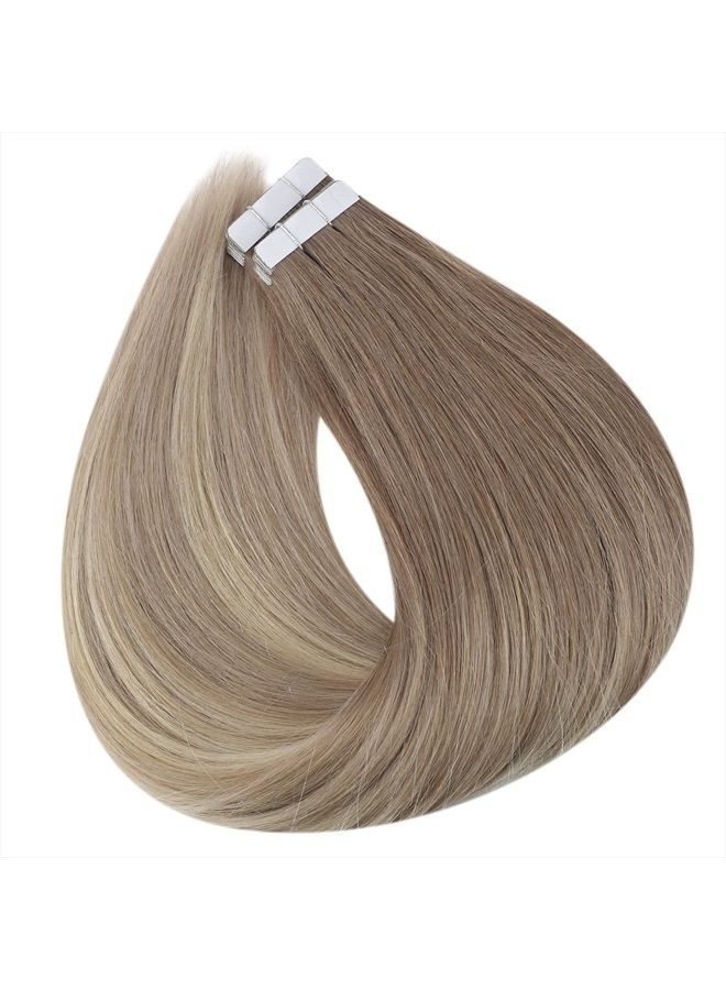 Fshine Tape in Human Hair Extensions 18 Inch Remy Hair Extensions Balayage Color 8 Ash Brown Fading to 60 and 18 Ash Blonde Tape in Hair Extensions 20 Pcs 50 Grams Seamless Tape in Remy Extensions - Image 5