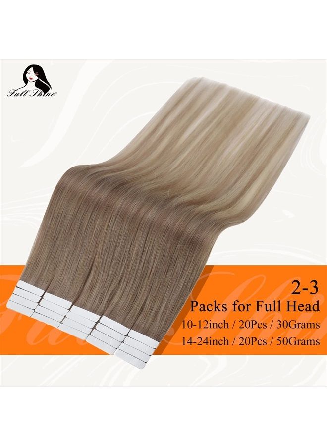 Fshine Tape in Human Hair Extensions 18 Inch Remy Hair Extensions Balayage Color 8 Ash Brown Fading to 60 and 18 Ash Blonde Tape in Hair Extensions 20 Pcs 50 Grams Seamless Tape in Remy Extensions - Image 3