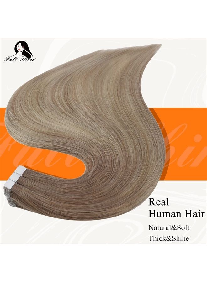 Fshine Tape in Human Hair Extensions 18 Inch Remy Hair Extensions Balayage Color 8 Ash Brown Fading to 60 and 18 Ash Blonde Tape in Hair Extensions 20 Pcs 50 Grams Seamless Tape in Remy Extensions - Image 2