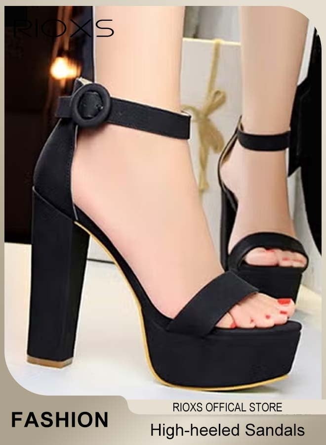 ريوكس سandalات ارتداء سلسلة للنساء، ساندالات بحذاء مربع بارتفاع 13 سم، أحذية كلاسيكية ذات حزام خصر وقدم مفتوحة وحذاء عالي الساق، ساندال منصة مقاوم للماء بارتفاع 4.5 سم، أحذية فساتين صيفية للسيدات، ساندالات منصة مريحة للنساء، أحذية أزياء لحفل الزفاف، أحذية نعل مشبك قوية للنساء، الأحذية السوداء - Image 1