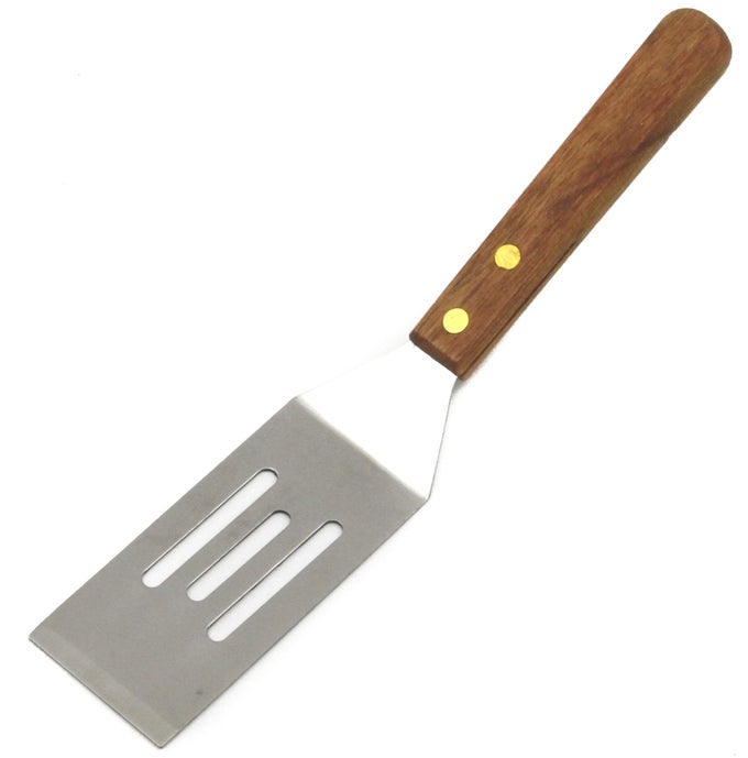 SELECT STAINLESS STEEL SLOTTED WOODEN HANDLE COOKIE SPATULA 8 INCHES IN LENGTH NATURAL