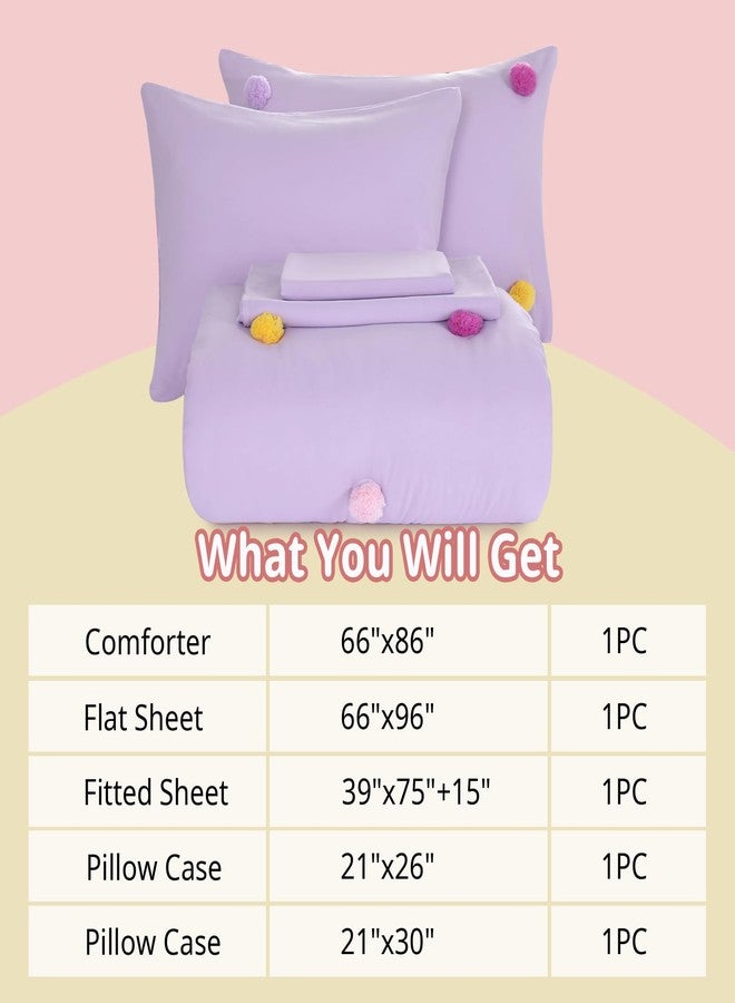 HOMBYS Pom Poms Bedding Comforter Set for Girls, 5 Piece Purple Boho Kids Comforter Set for All Season，Twin/Twin XL Size - Image 3