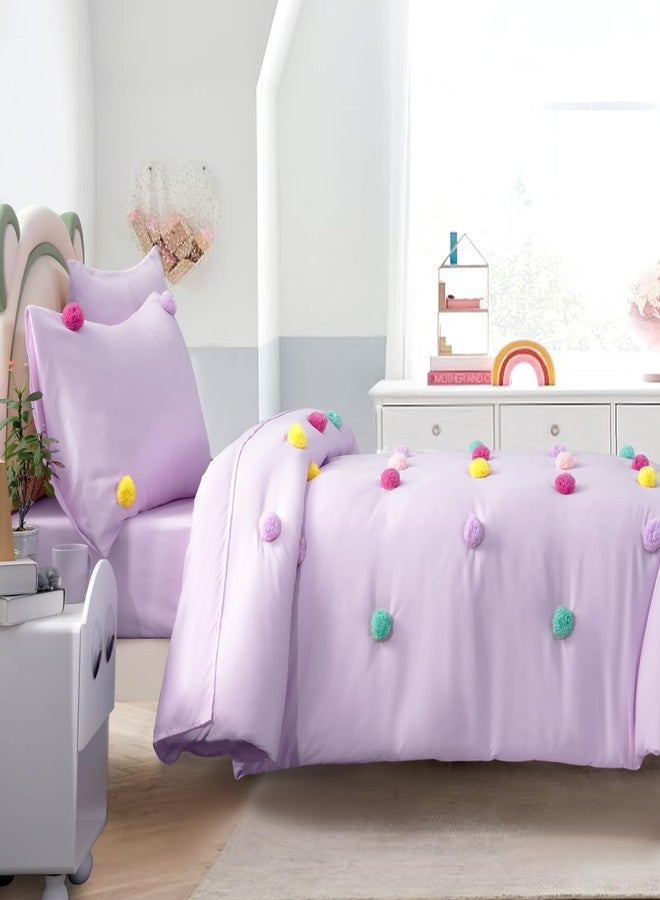HOMBYS Pom Poms Bedding Comforter Set for Girls, 5 Piece Purple Boho Kids Comforter Set for All Season，Twin/Twin XL Size - Image 4