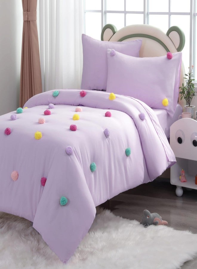 HOMBYS Pom Poms Bedding Comforter Set for Girls, 5 Piece Purple Boho Kids Comforter Set for All Season，Twin/Twin XL Size - Image 2