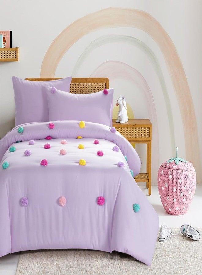 HOMBYS Pom Poms Bedding Comforter Set for Girls, 5 Piece Purple Boho Kids Comforter Set for All Season，Twin/Twin XL Size - Image 1