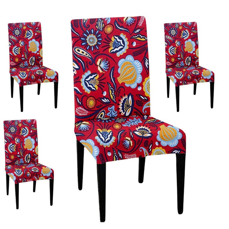HOTKEI Pack of 4 Red Floral Print 200 GSM Elastic Stretchable Dining Table Chair Seat Cover Protector Slipcover for Dining Table Chair Covers Stretchable 1 Piece Set of 4 Seater - Image 1
