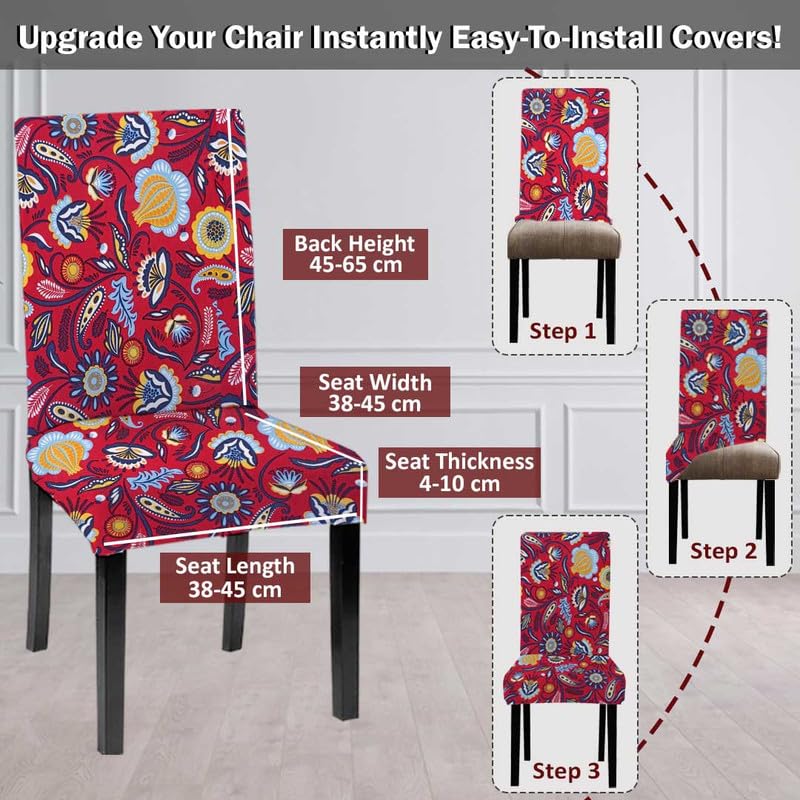 HOTKEI Pack of 4 Red Floral Print 200 GSM Elastic Stretchable Dining Table Chair Seat Cover Protector Slipcover for Dining Table Chair Covers Stretchable 1 Piece Set of 4 Seater - Image 3