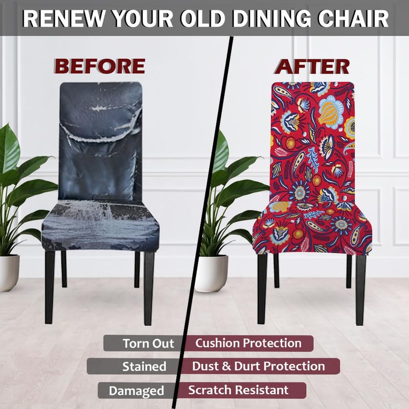 HOTKEI Pack of 4 Red Floral Print 200 GSM Elastic Stretchable Dining Table Chair Seat Cover Protector Slipcover for Dining Table Chair Covers Stretchable 1 Piece Set of 4 Seater - Image 2