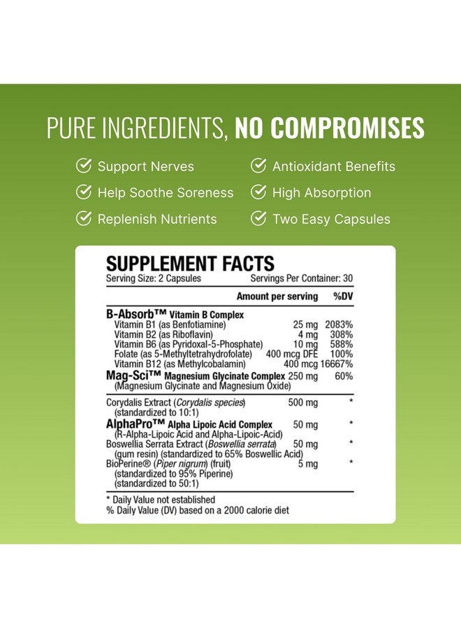 Approved Science نيرفبرين من أبروved ساينس - دعم الأعصاب - بنفوتيامين، B12، R-ألفا-ليبويك أسيد، كورياليس، بوسويليا، بايوبرين - 60 كبسولة - صنع في الولايات المتحدة الأمريكية - Image 2