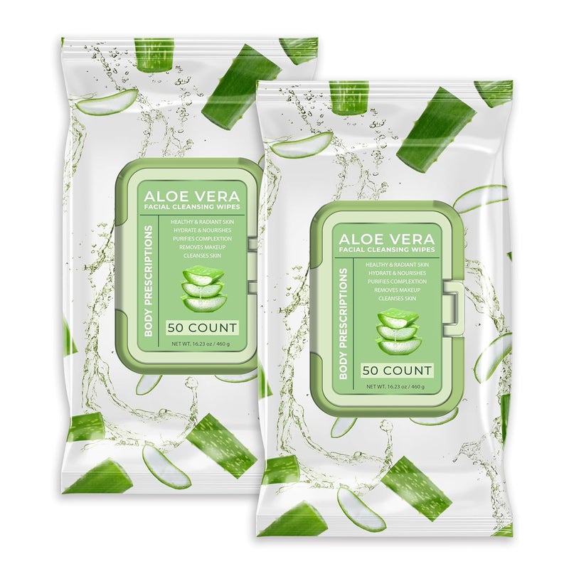 Body Prescriptions Body Prescription Makeup Cleansing Wipes  Gentle and Effective Face Wipes 50 Count Pack of 2 Aloe Vera