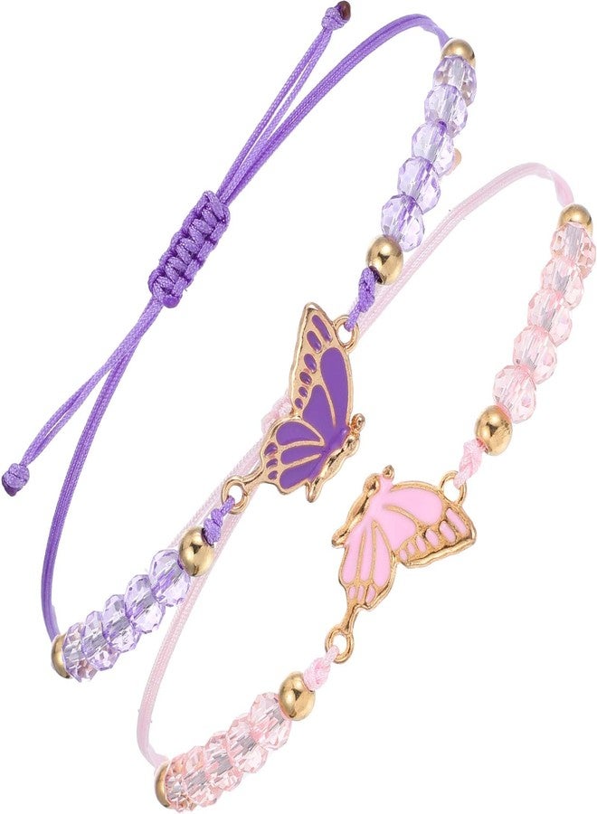 simarro 2pcs Matching Bracelets, Butterfly Friendship Bracelets Adjustable Strand Best Friends Bracelet, Handmade Charm Couples Jewelry Gifts for Women Couples Friend (Pink + Purple) - Image 1