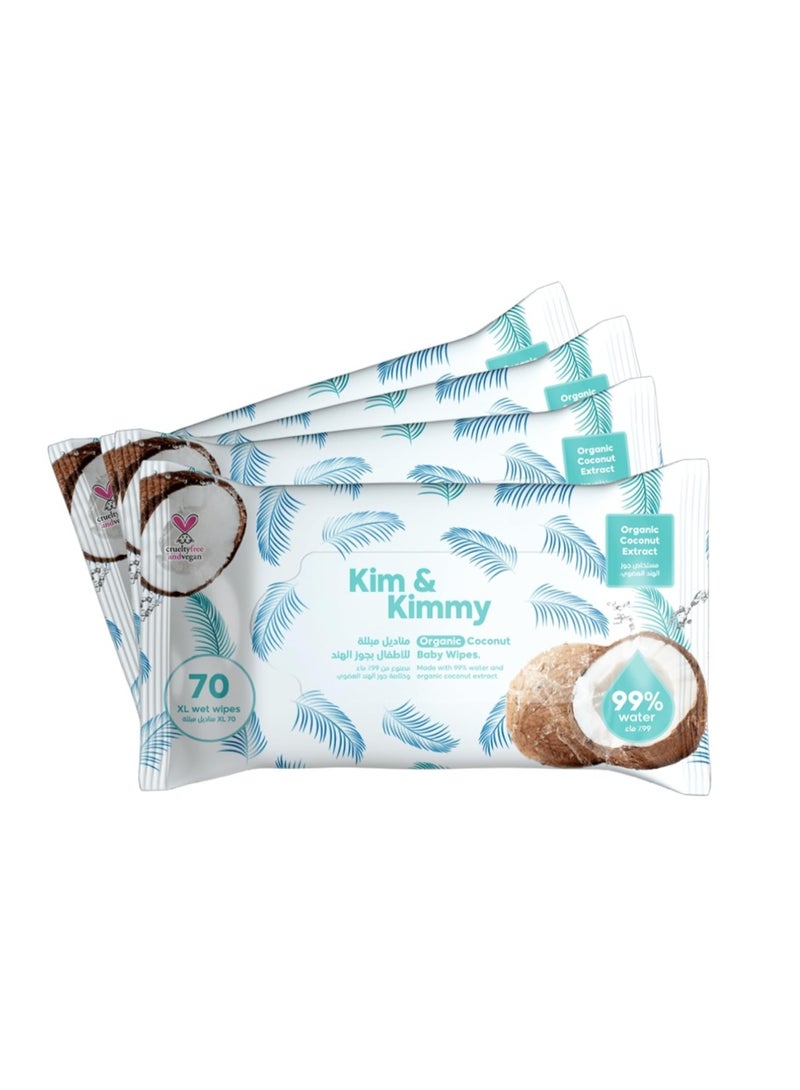 Kim & Kimmy Coconut Water Based Wipes - 4 x Pack of 70 (280 Count) - Organic Coconut Extract - Extra Large for Treating Diaper Rash - Image 1
