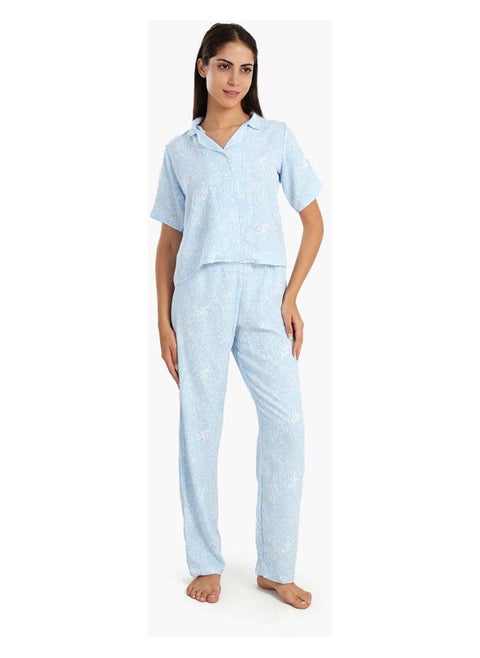 Blue Self Pattern Pyjama Set
