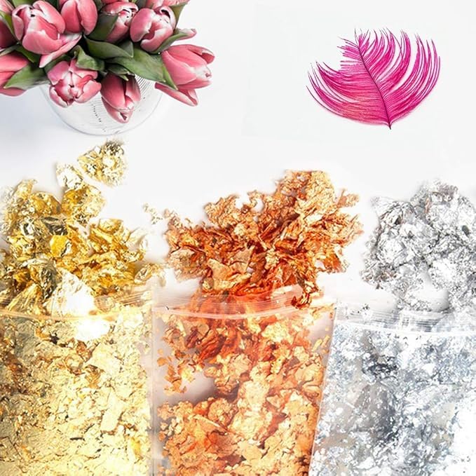 A.K GOLD LEAF Gold Leaf Gilding Flakes Silver Leaf Metallic Foil Flakes Imitation Copper Leaf Kit for Resin Nail Painting Art Craft Jewellery Making Decoration 3 Packs 3gBags - Image 3