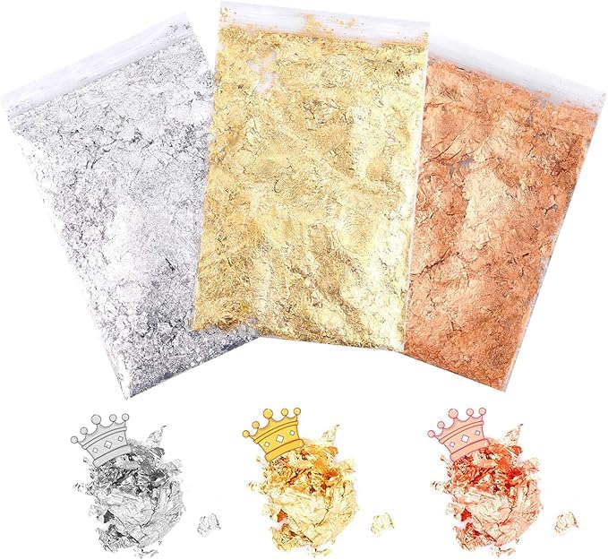 A.K GOLD LEAF Gold Leaf Gilding Flakes Silver Leaf Metallic Foil Flakes Imitation Copper Leaf Kit for Resin Nail Painting Art Craft Jewellery Making Decoration 3 Packs 3gBags - Image 1