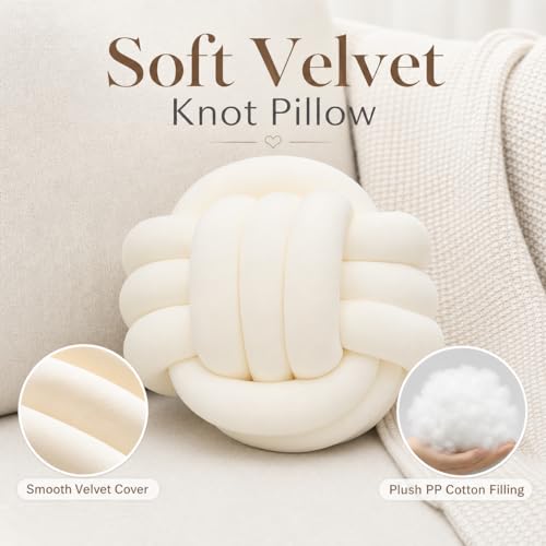Petrella Knot Pillow, 8 Inch White Round Velvet Throw Pillow Ball Cushion, Machine Washable Soft Decorative Accent Pillow for Couch, Sofa, Bed, Home Decor - Image 2