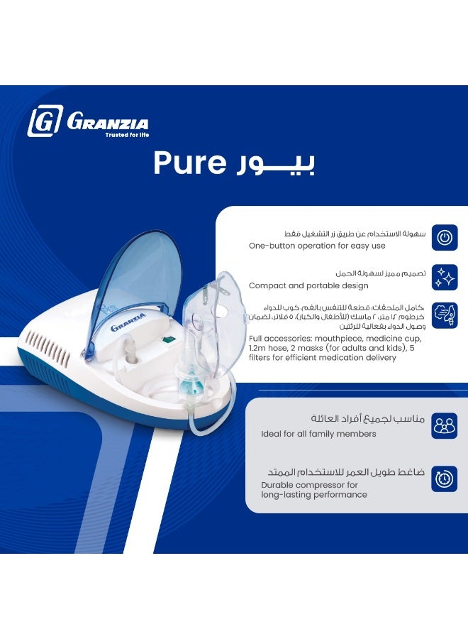 Granzia Pure Compressor Nebulizer – Steam Inhaler Machine for Adults & Kids – With Medicine Cup, Adult & Child Masks – Quiet, Portable Device for Asthma, Cold, Sinus & Allergy Relief - Image 2