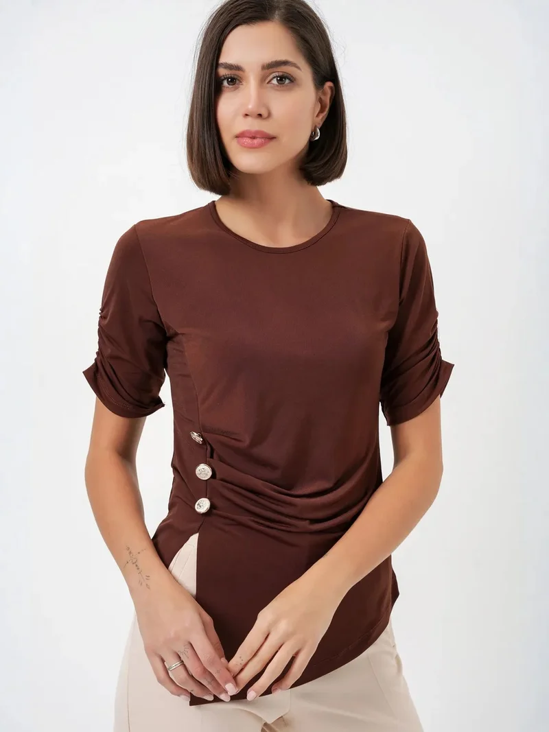 Big Dart Mocha Brown BDART Crew Neck Buttoned Blouse for Women | Best Price UAE