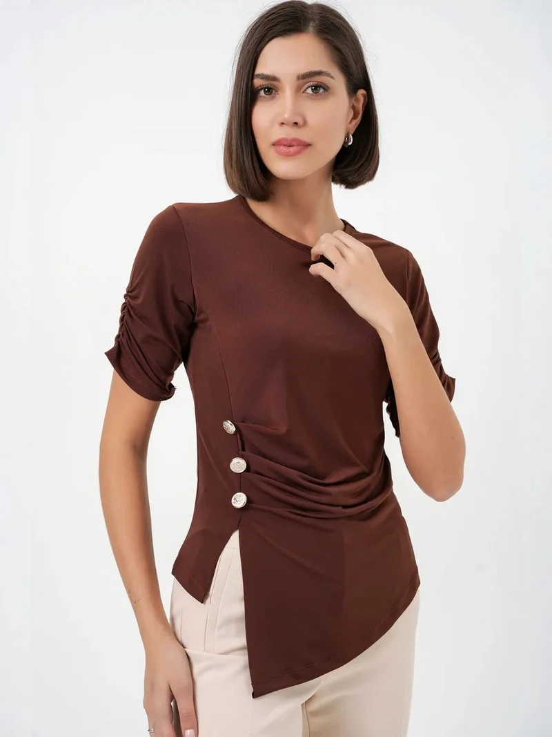 Big Dart Mocha Brown BDART Crew Neck Buttoned Blouse for Women | Best Price UAE