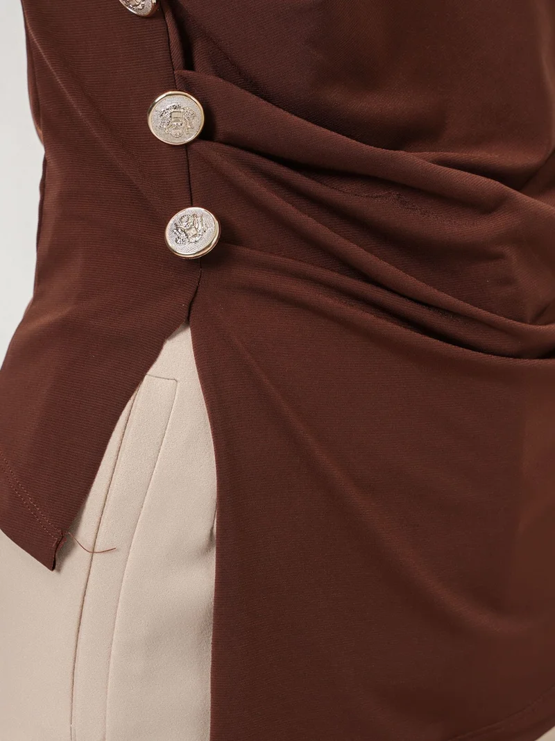 Big Dart Mocha Brown BDART Crew Neck Buttoned Blouse for Women | Best Price UAE