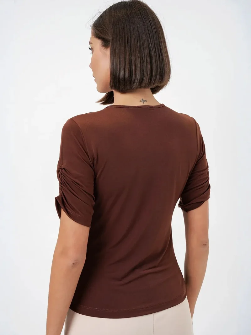 Big Dart Mocha Brown BDART Crew Neck Buttoned Blouse for Women | Best Price UAE
