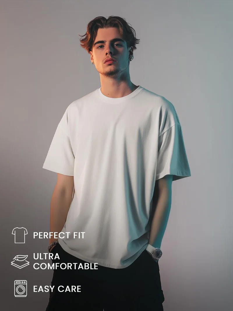 NOBERO  Men's White Oversized Cotton T-Shirt for Men | Best Price UAE