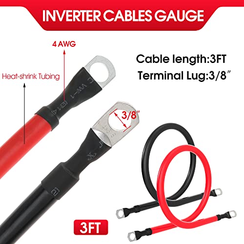 TUELETFU كابل بطارية 4 AWG كابل بطارية نحاسي نقي مع لقم 3/8 بوصة في كلا الطرفين مجموعة أسلاك العاكس للسيارات والطاقة الشمسية والبحرية والقوارب والمركبات الترفيهية والدراجات النارية باللونين الأحمر والأسود (3 أقدام) - Image 2