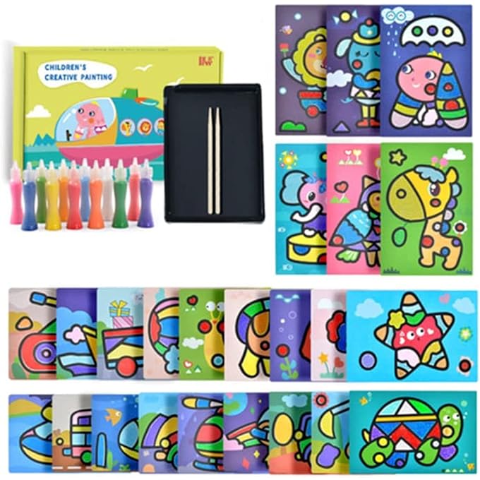 64 قطعة معلقة مجموعة عرض اللوحة الرملية ، 12 لون الرمال ذات المناظر الخلابة مع 24 ورقة بطاقات الرسم الفني و 24 مشابك خشبية - لعبة فنية للأطفال