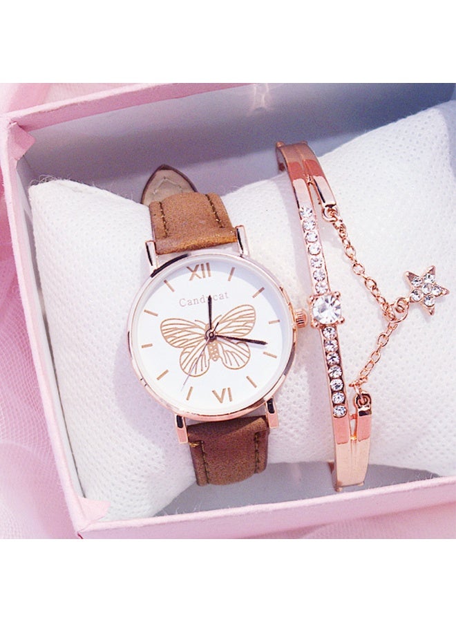 Ladies' Watch and Bracelet Set Fashion Trend Butterfly Dial Belt Quartz Watch Star Bracelet Gift Set - Image 1