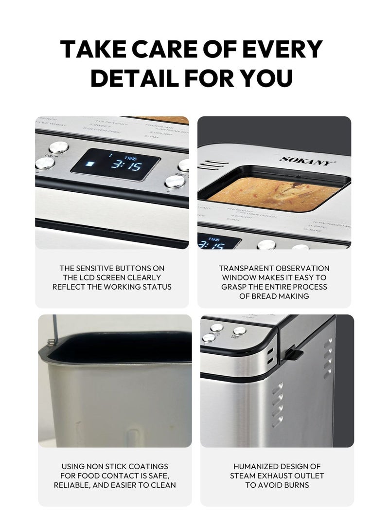 سوكاني ماكينة صنع الخبز الأوتوماتيكية، تحضير الخبز بلمسة واحدة، 12 برنامج خبز، تحكم ذكي في الحرارة، مؤقت تأخير حتى 15 ساعة، خيارات متعددة للوزن ولون القشرة، وعاء خبز غير لاصق - Image 4