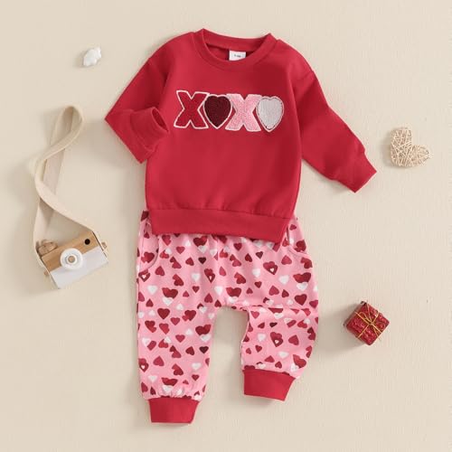 BeQeuewll Toddler Baby Girl Valentines Day Outfit Letter Print Long Sleeve Sweatshirt Heart Long Pants 2 Piece Set (Red, 12-18 Months) - Image 2
