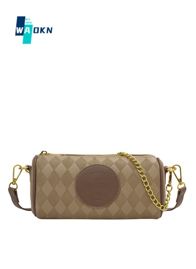 WAOKN - Women's Retro Cylindrical Shoulder Bag,Ladies Fashionable Casual Handbag Tote Bag Carry Bags,Trendy and Versatile Contrast Chain Crossbody Bag Sling Bag(Khaki) - Image 1