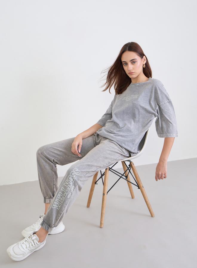 Styli Grey Acid Washed Printed T-Shirt and Joggers Co-Ords - Image 1